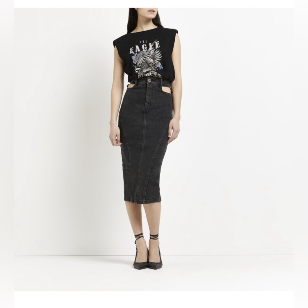 Authentic River Island Womens Black Cut Out Denim Midi Skirt NWT